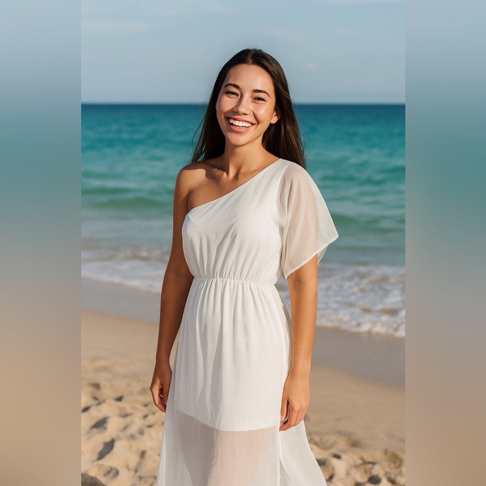 Sheer One Shoulder White Women's Dress- Size Medium